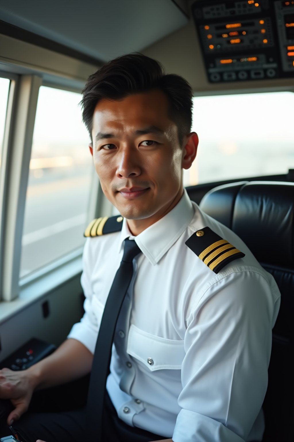 man as a Airline Pilot inside the Cockpit with white shirt Pilot Uniform