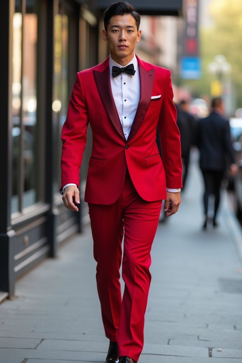 man in red tuxedo  showing cleavage walking on the curb in black shoes