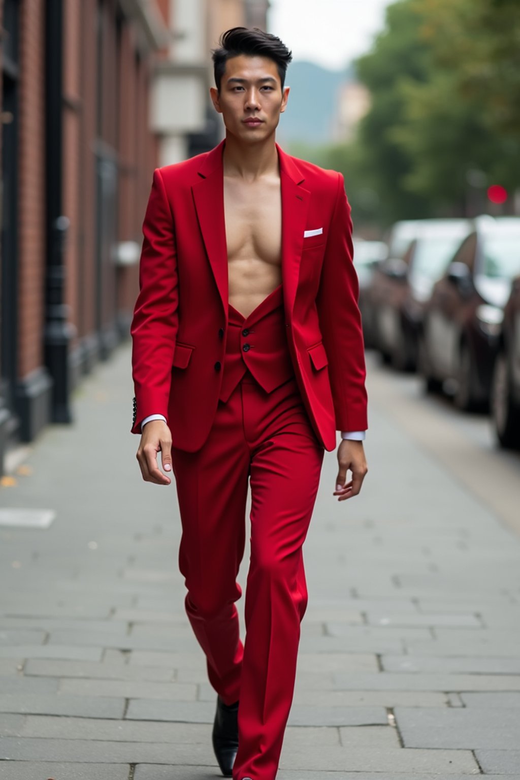 man in red tuxedo  showing cleavage walking on the curb in black shoes