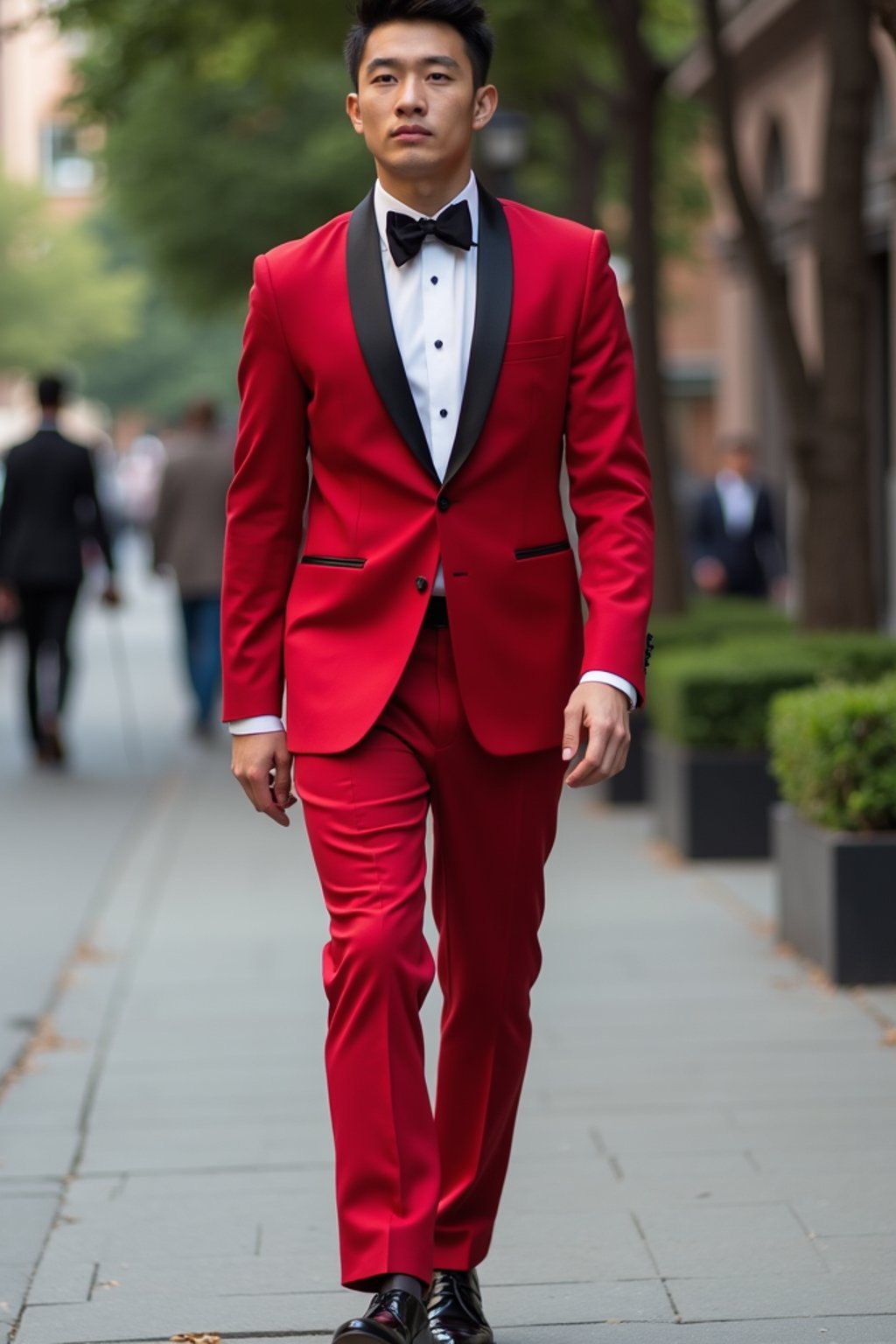 man in red tuxedo  showing cleavage walking on the curb in black shoes