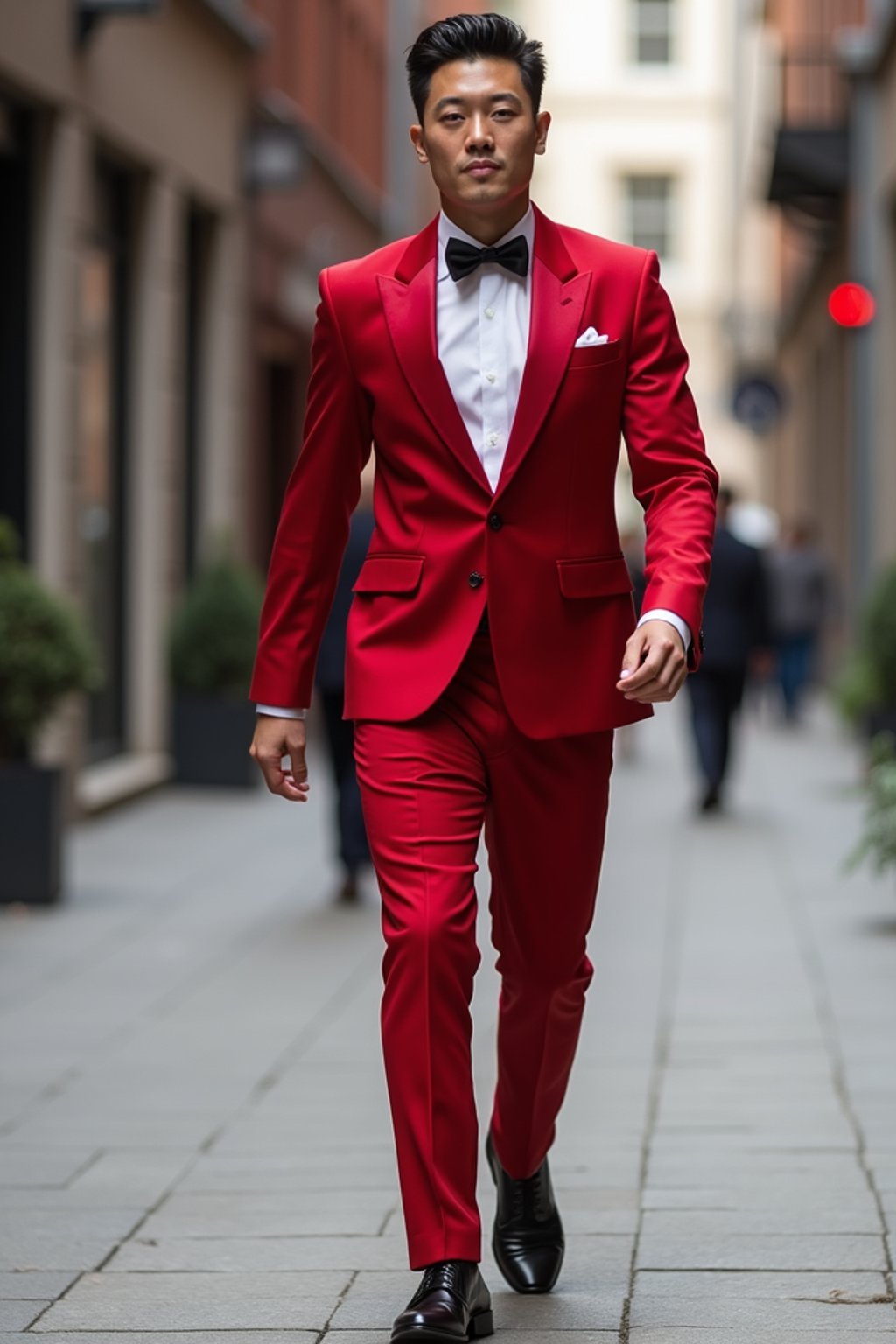 man in red tuxedo  showing cleavage walking on the curb in black shoes