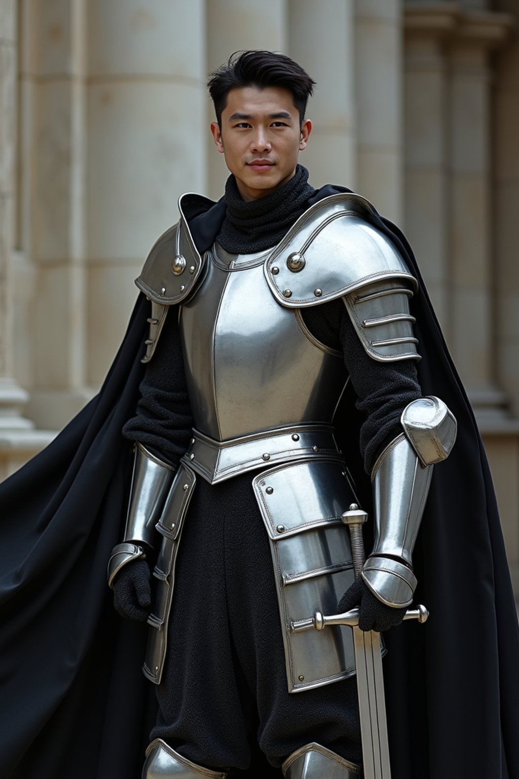 happy man as a Medieval Knight in silver armor, wearing a black elegant cape flowing in the wind, the knight holds a sword in one hand