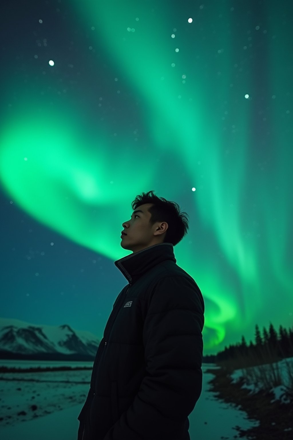 man at night at the Northern Lights Aurora Borealis