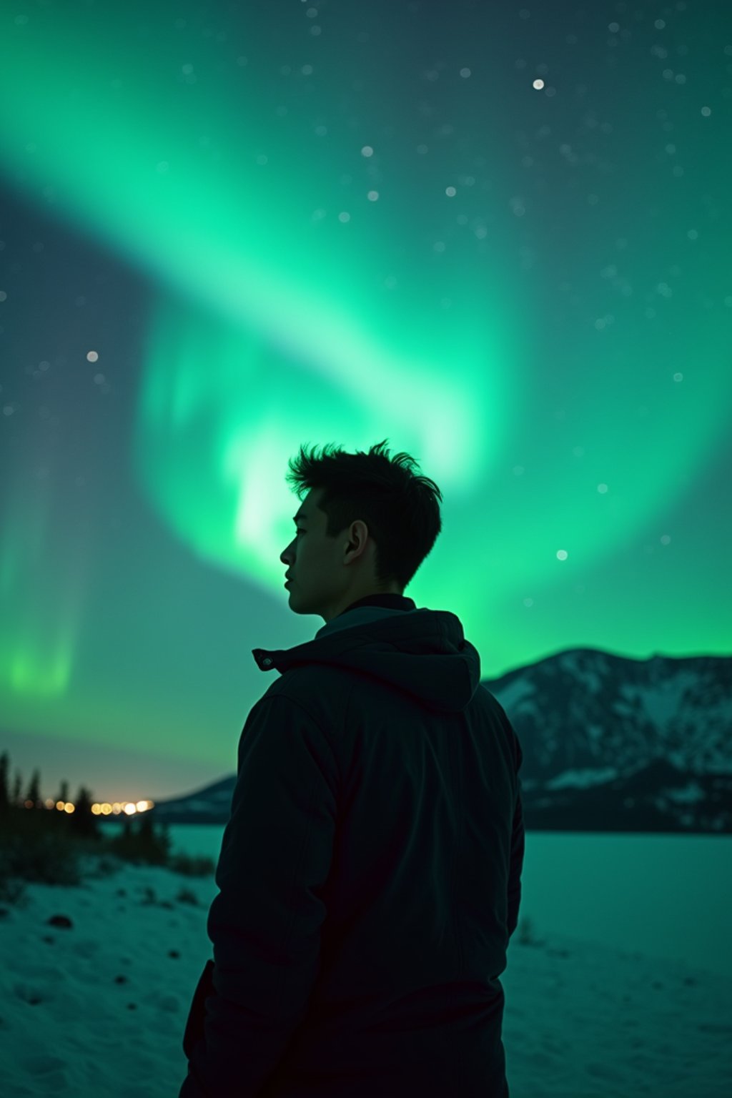 man at night at the Northern Lights Aurora Borealis