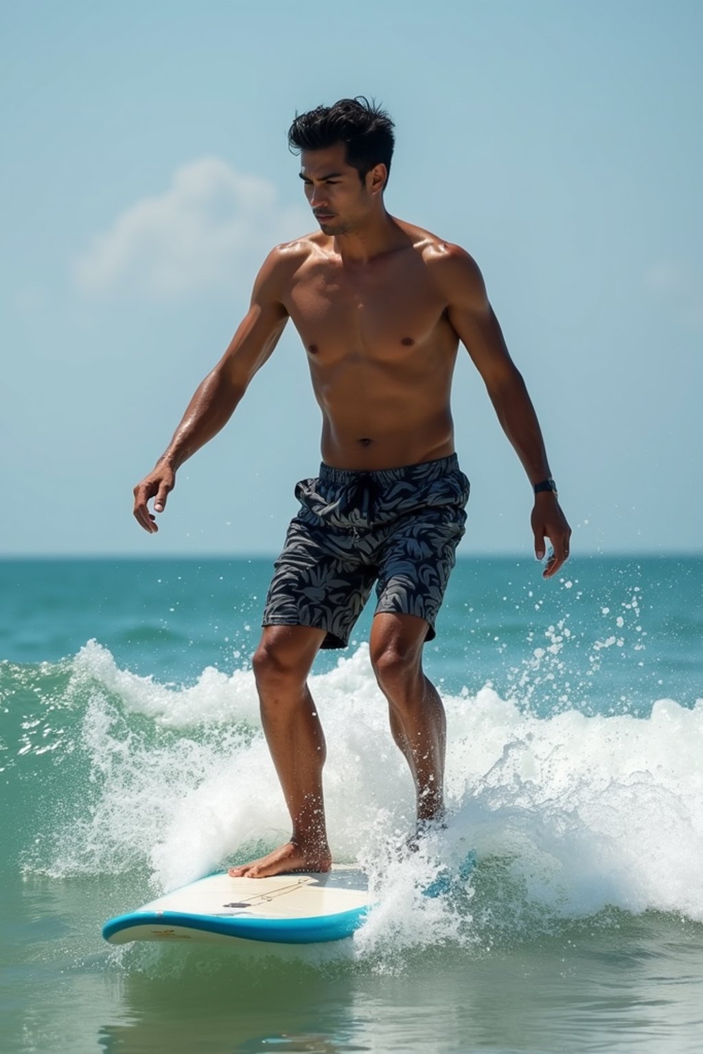 man as a Professional Surfer wearing swimwear on a Surf Board surfing in the ocean