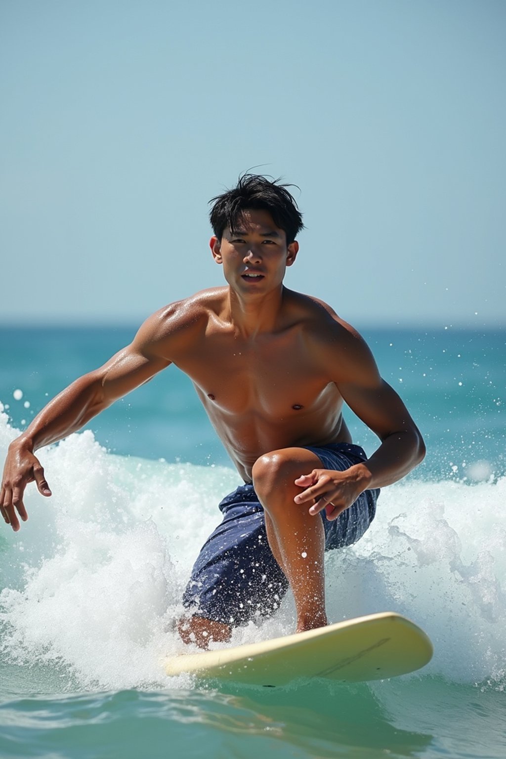 man as a Professional Surfer wearing swimwear on a Surf Board surfing in the ocean