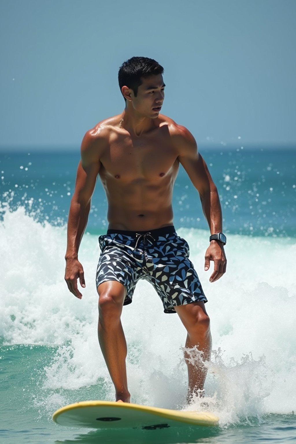 man as a Professional Surfer wearing swimwear on a Surf Board surfing in the ocean