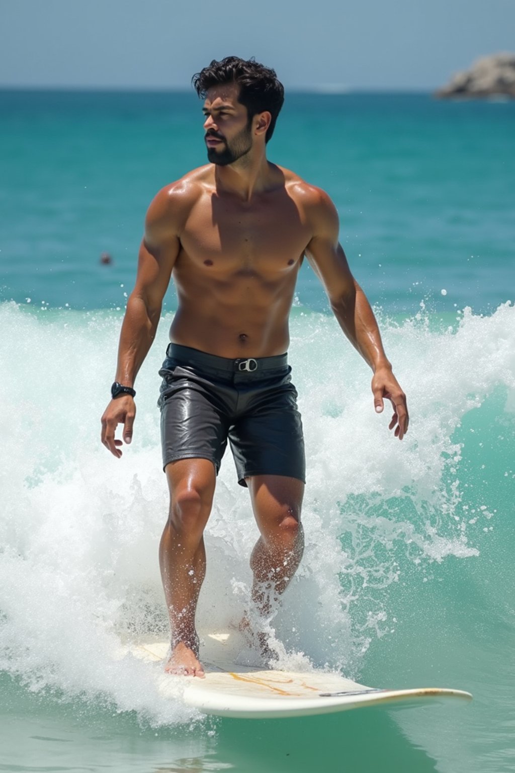 man as a Professional Surfer wearing swimwear on a Surf Board surfing in the ocean