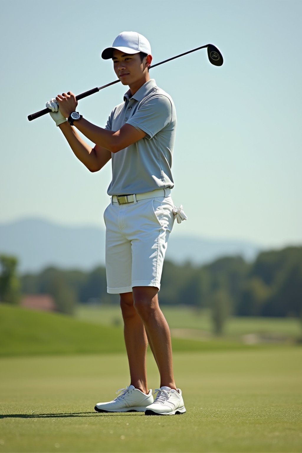 man as a Golfer on the Golf Course holding Golf Club wearing golf shorts or golf skirt, a collared shirt, golf pants