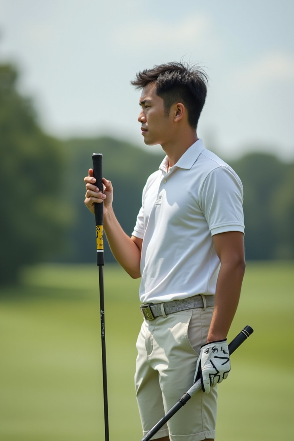 man as a Golfer on the Golf Course holding Golf Club wearing golf shorts or golf skirt, a collared shirt, golf pants