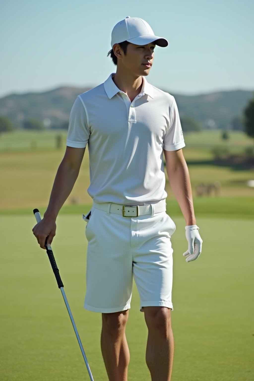 man as a Golfer on the Golf Course holding Golf Club wearing golf shorts or golf skirt, a collared shirt, golf pants