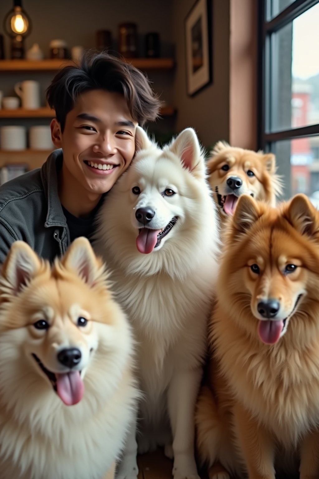 man in a Dog Cafe with many cute Samoyed and Golden Retriever dogs