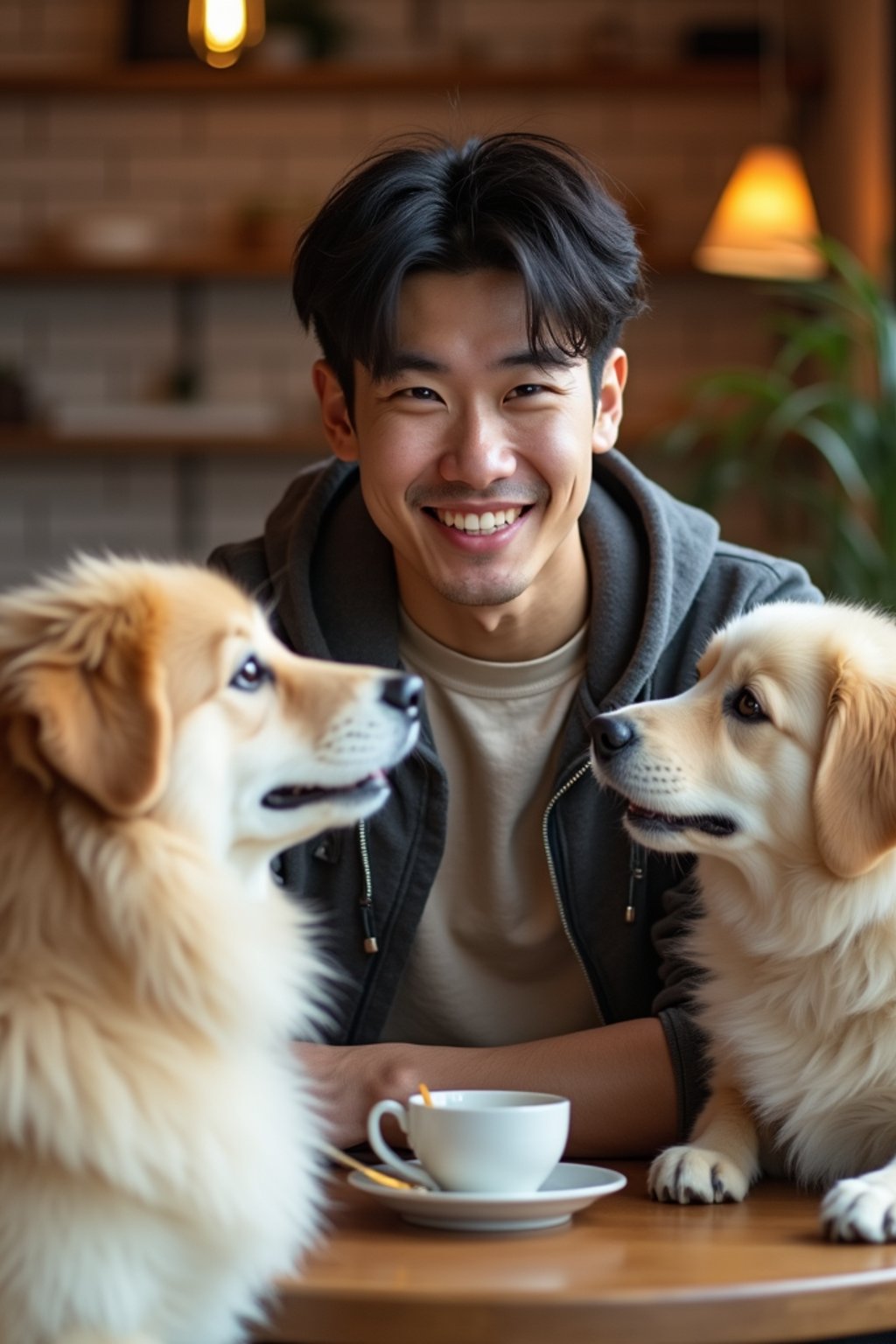 man in a Dog Cafe with many cute Samoyed and Golden Retriever dogs