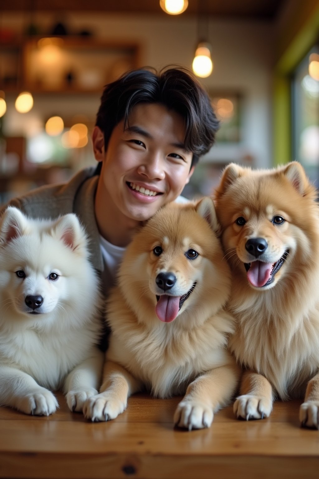 man in a Dog Cafe with many cute Samoyed and Golden Retriever dogs