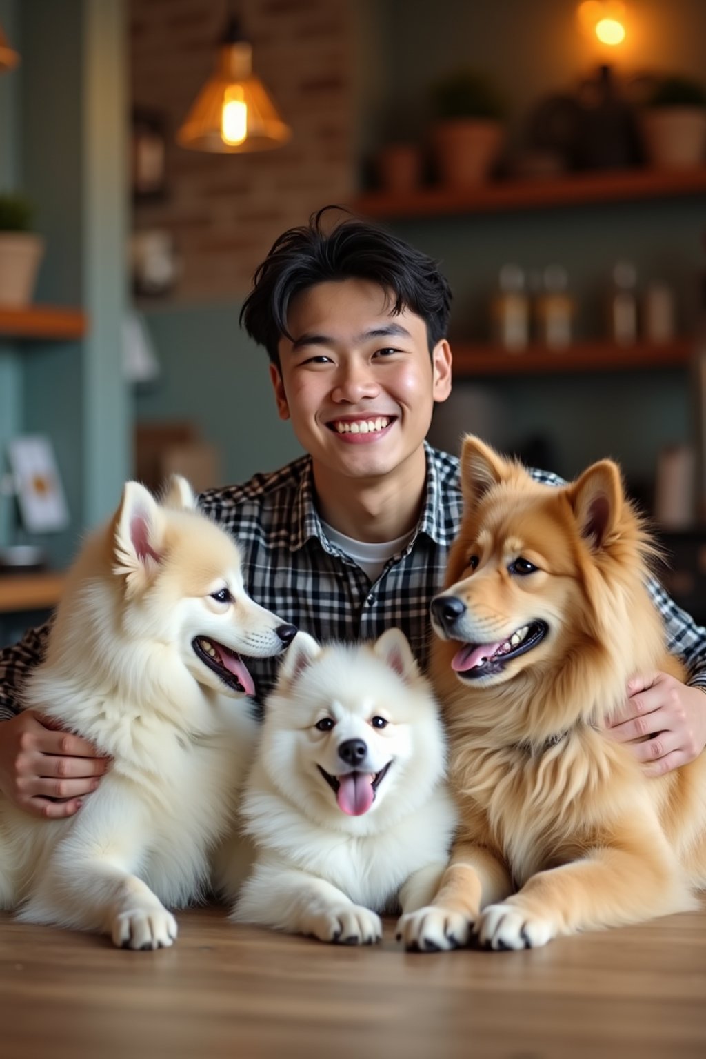 man in a Dog Cafe with many cute Samoyed and Golden Retriever dogs