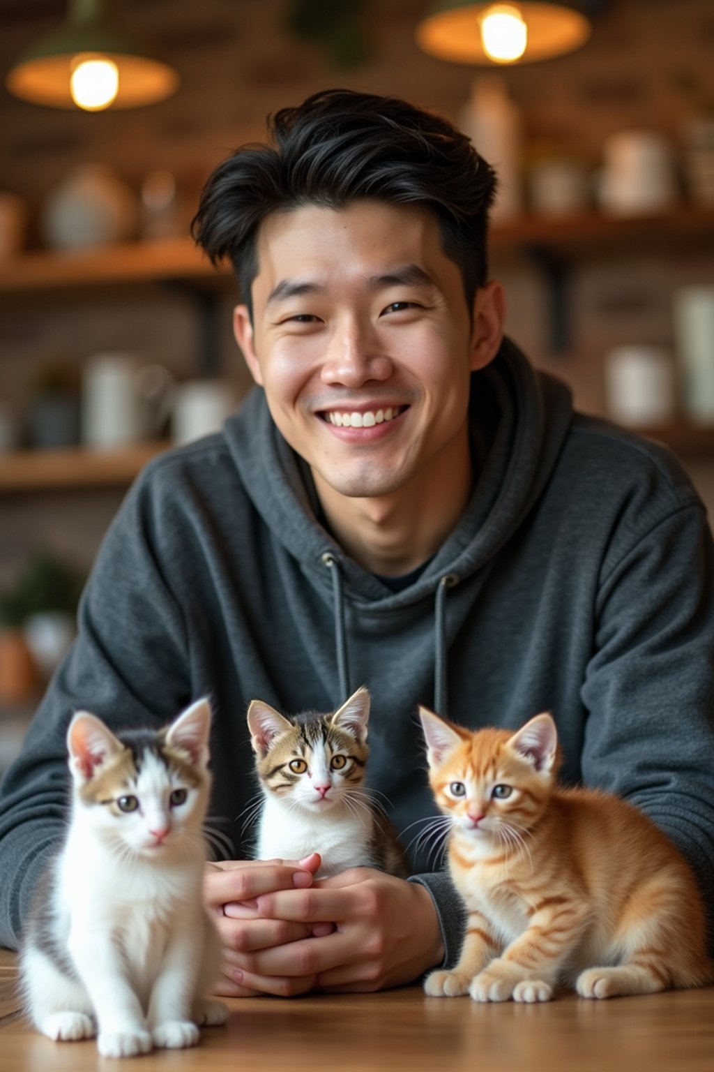 man in a Cat Cafe with many cute Cats and Kittens around them