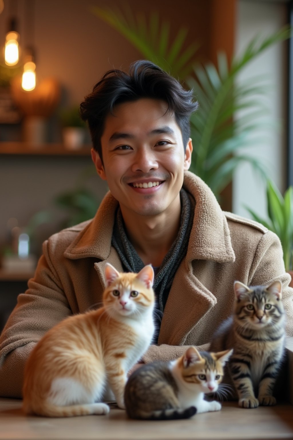 man in a Cat Cafe with many cute Cats and Kittens around them