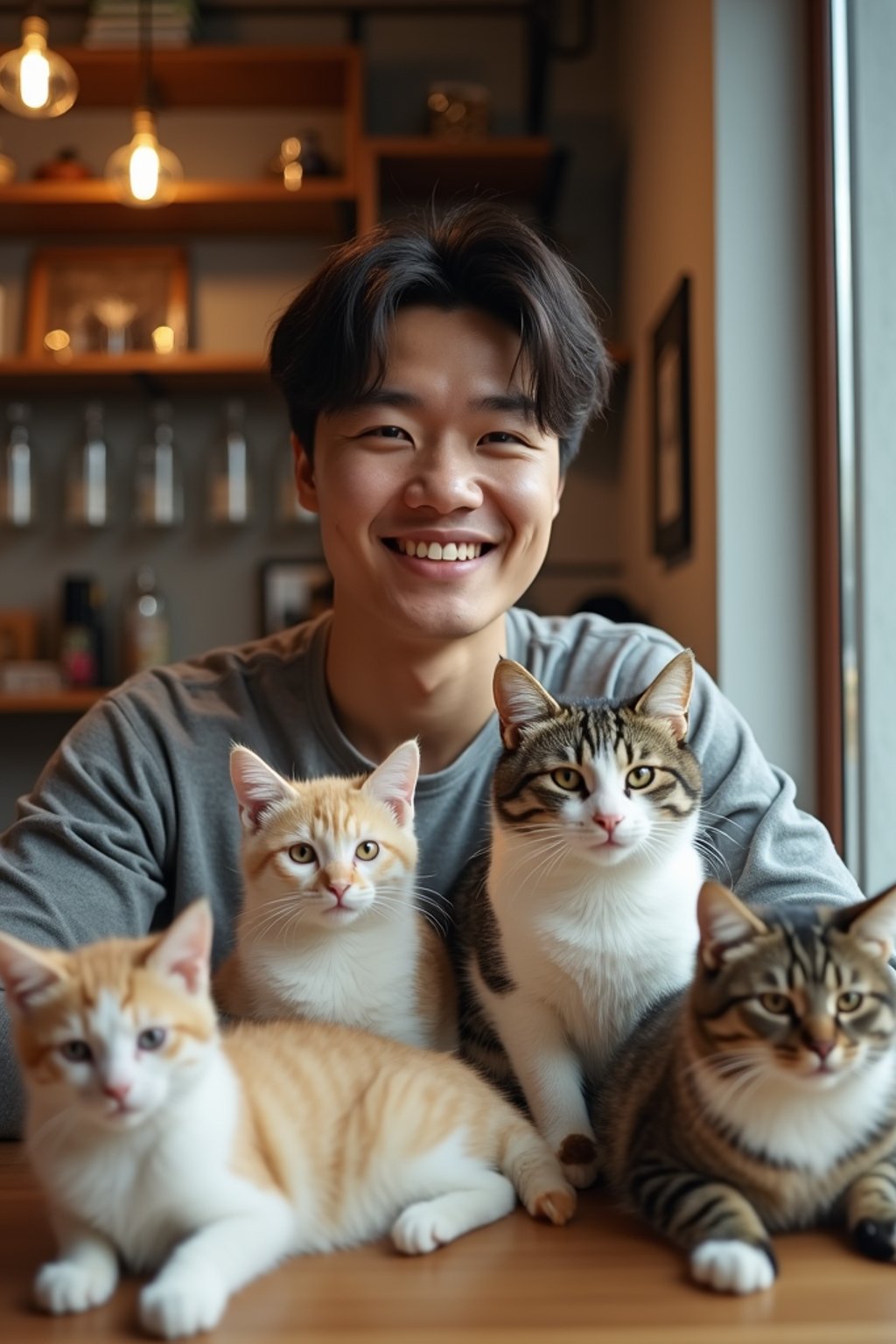 man in a Cat Cafe with many cute Cats and Kittens around them