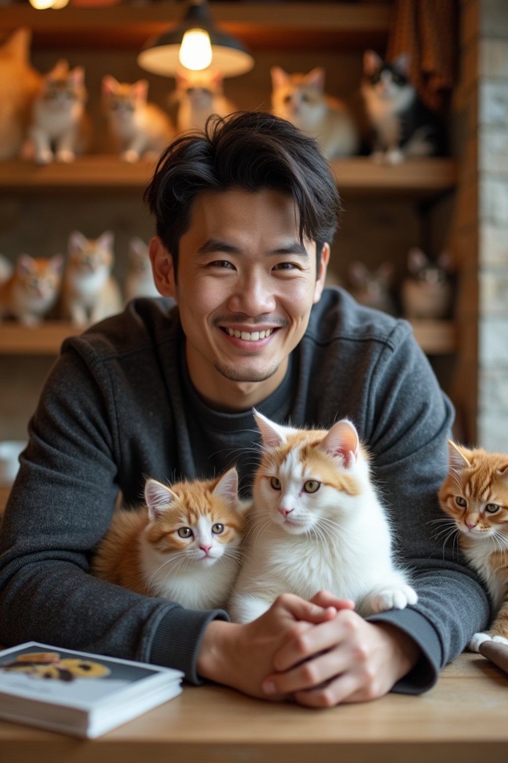 man in a Cat Cafe with many cute Cats and Kittens around them