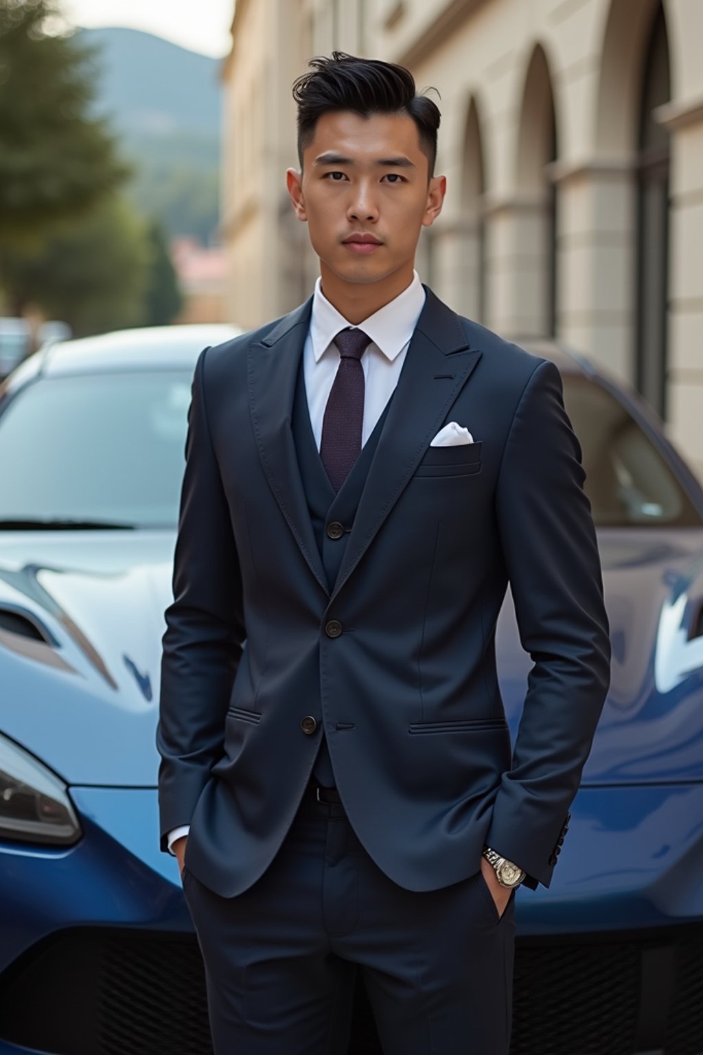 man wearing suit  posing in front of a sports car