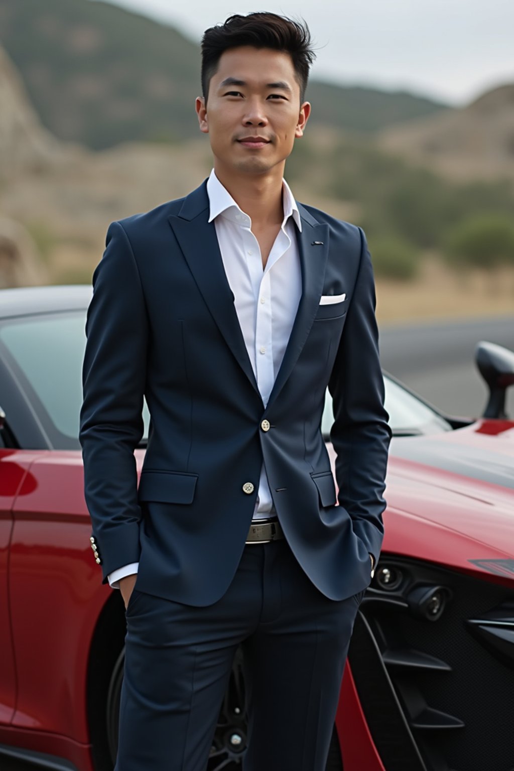 man wearing suit  posing in front of a sports car