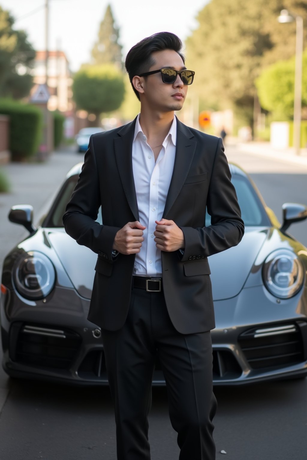 man wearing suit  posing in front of a sports car