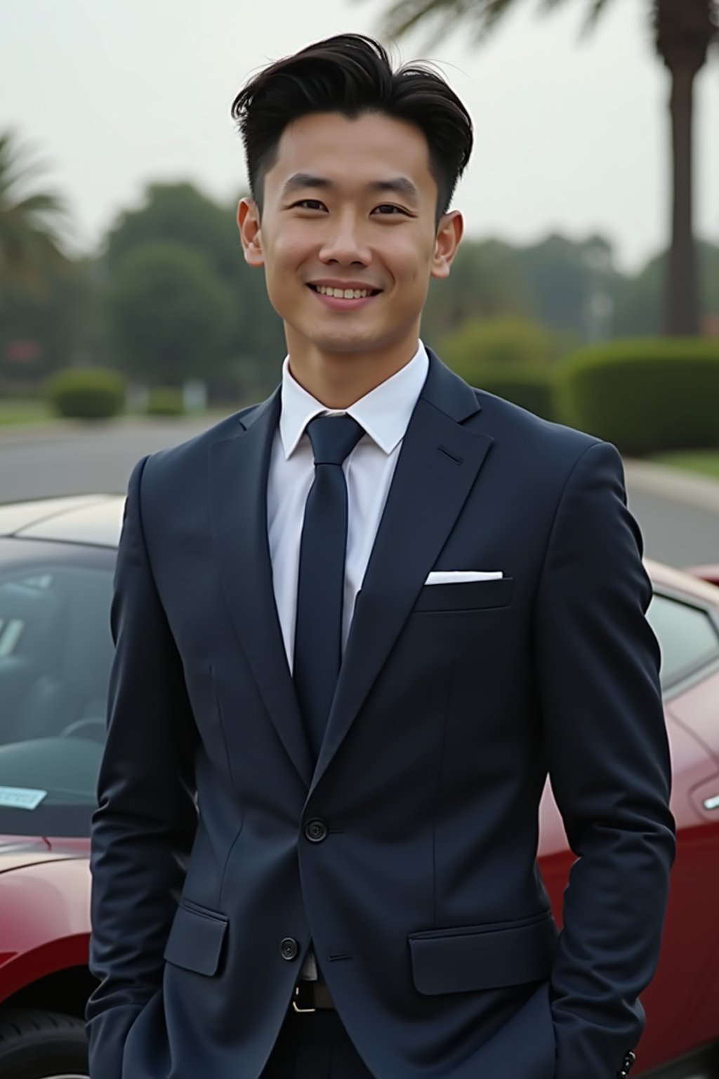 man wearing suit  posing in front of a sports car