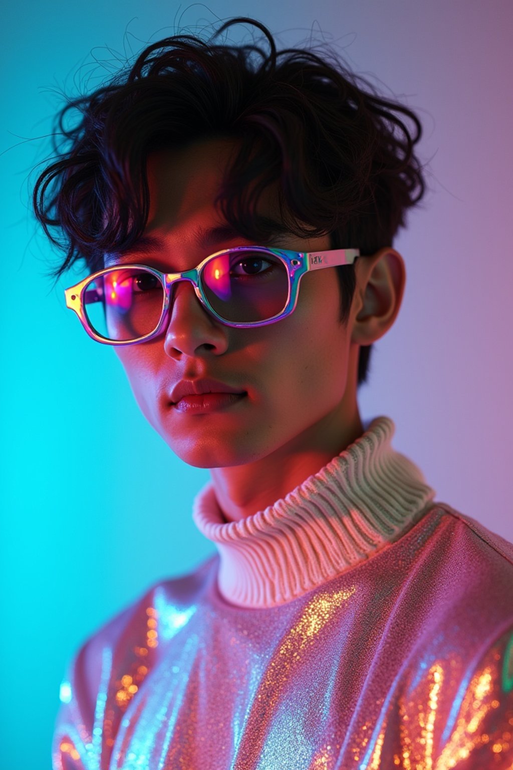 man in holographic style, wearing shiny holographic fashion