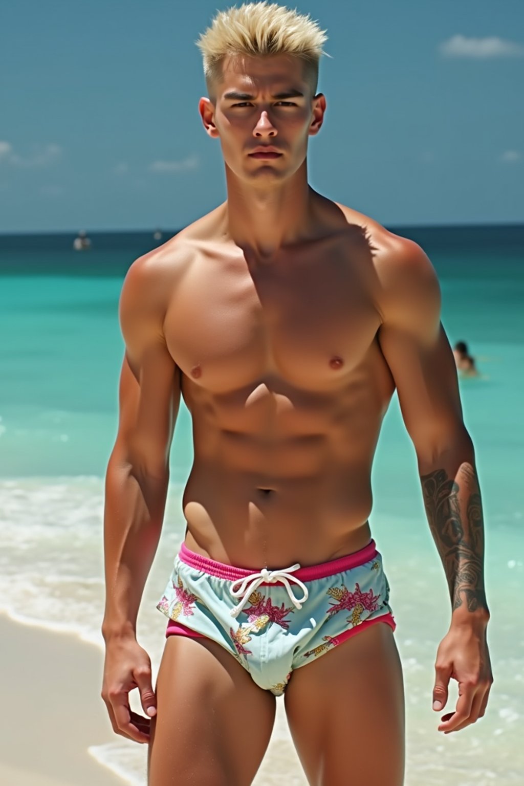 man as Ken from Barbie with swim trunks, shirtless, undercut blonde hairstyle.