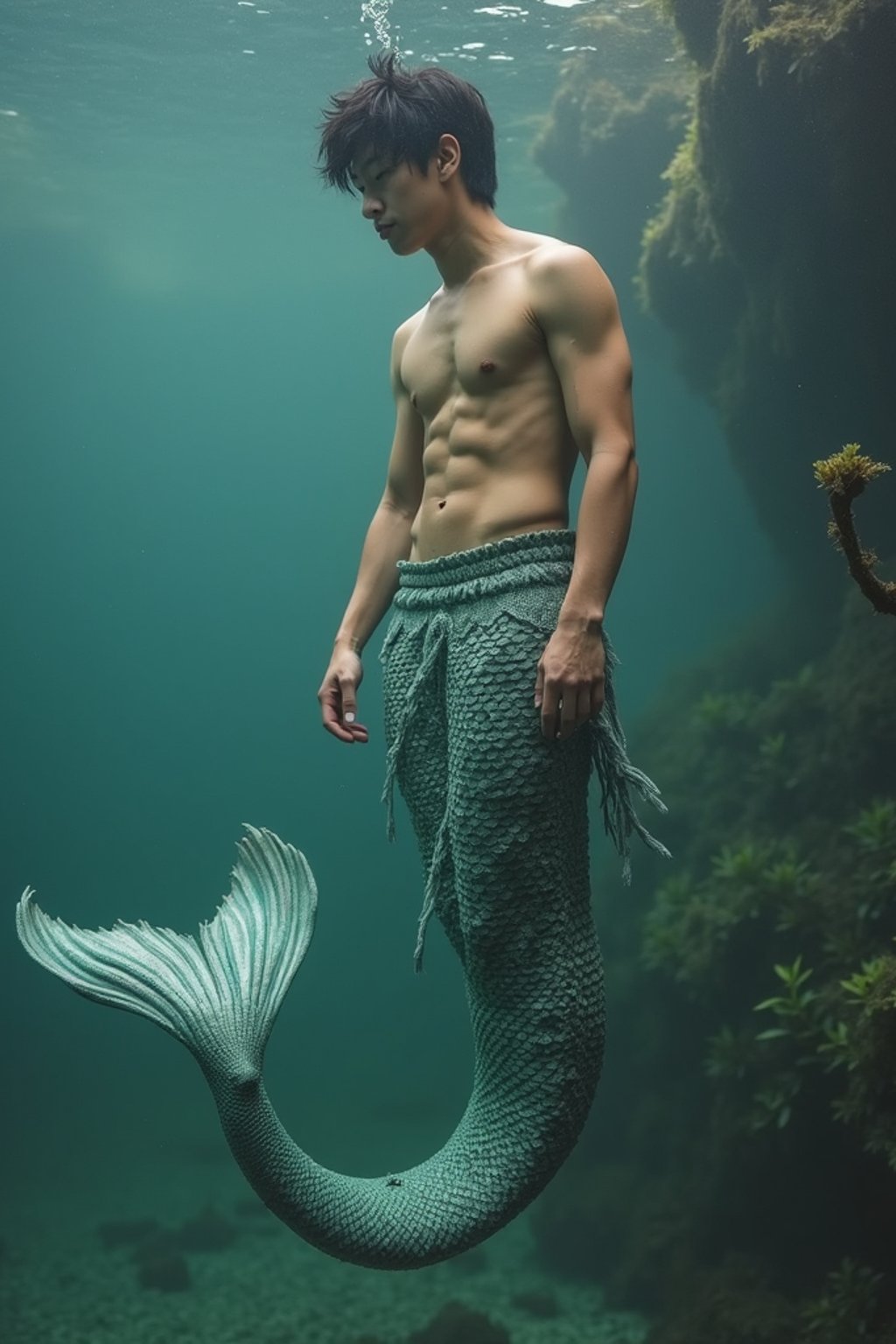 man as a Mermaid the head and upper body of a human and the tail of a fish