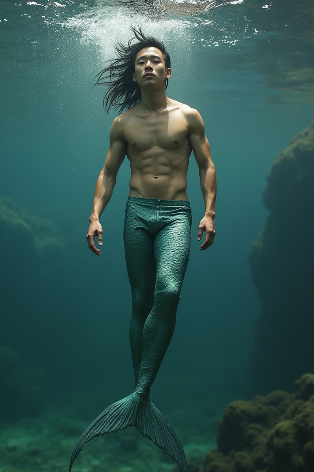 man as a Mermaid the head and upper body of a human and the tail of a fish