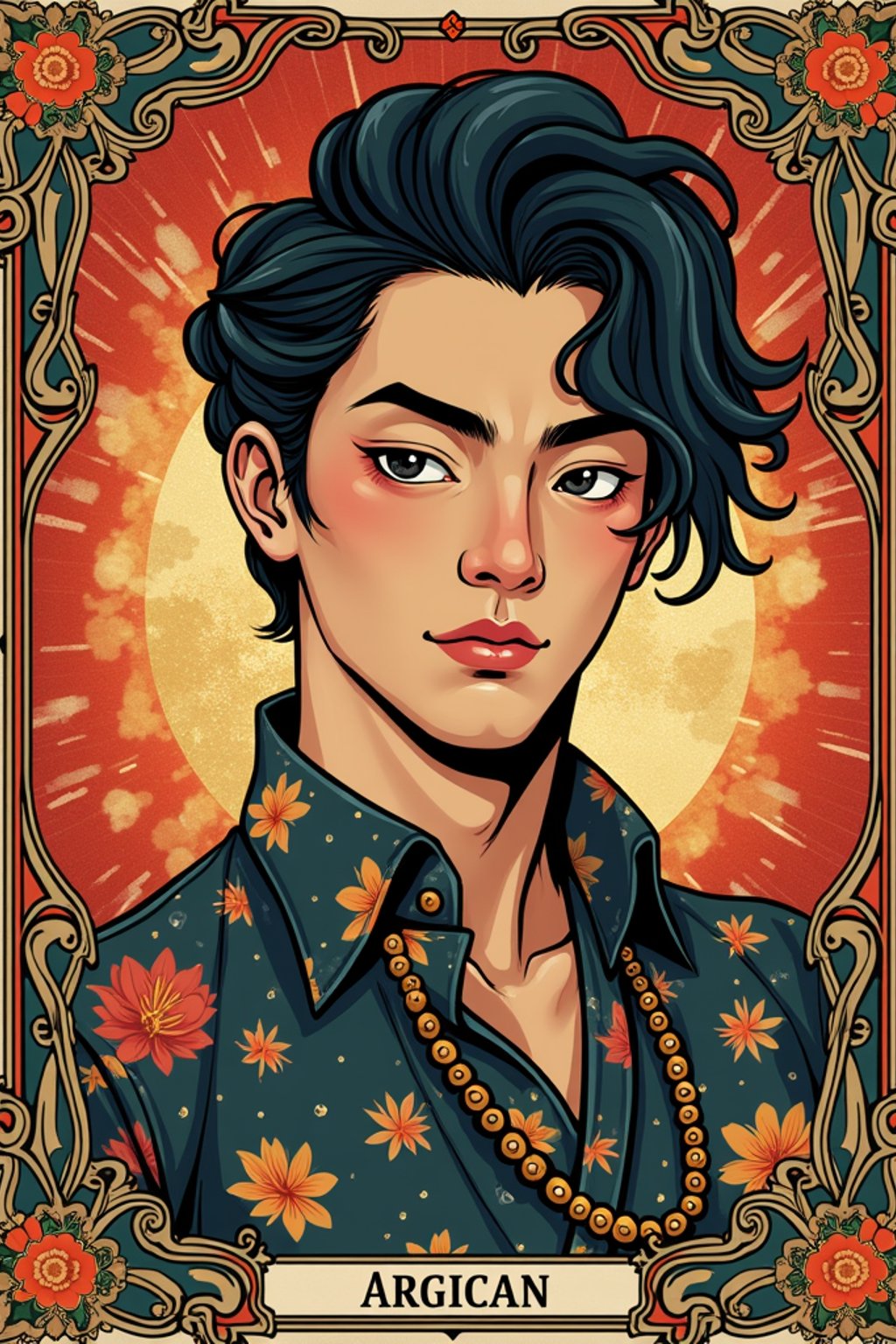 illustration of man as Mythical Tarot Cardin the style of moebius and mohrbacher and rossdraws and ross tran and alphonse mucha and ayami kojima, pixar style, maya engine, splash comics style, tarot card style, art nouveau, rich bright colours