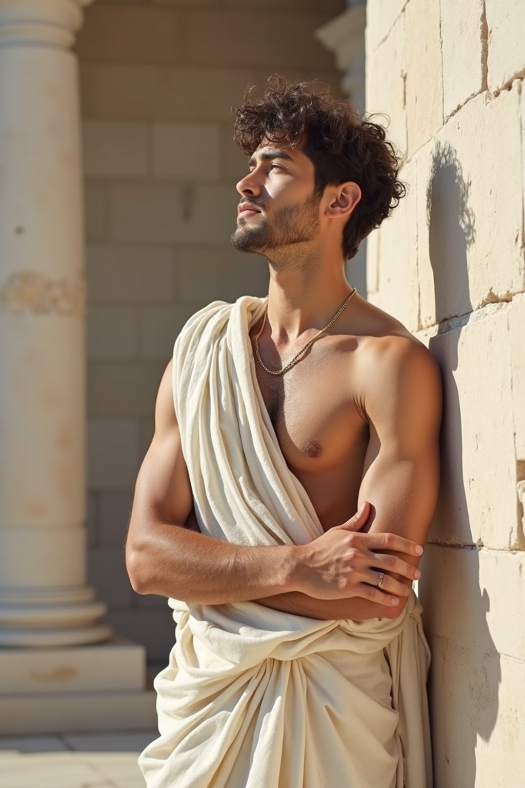 man as Ancient Greek philosopher in 500 B.C., Ancient Roman white clean new temple in background