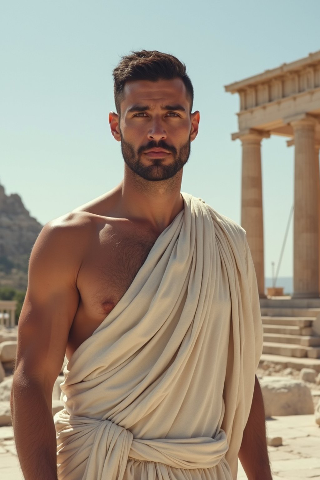 man as Ancient Greek philosopher in 500 B.C., Ancient Roman white clean new temple in background