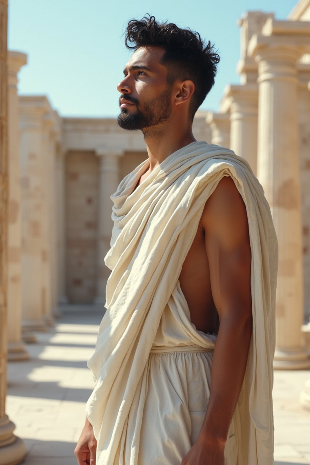 man as Ancient Greek philosopher in 500 B.C., Ancient Roman white clean new temple in background