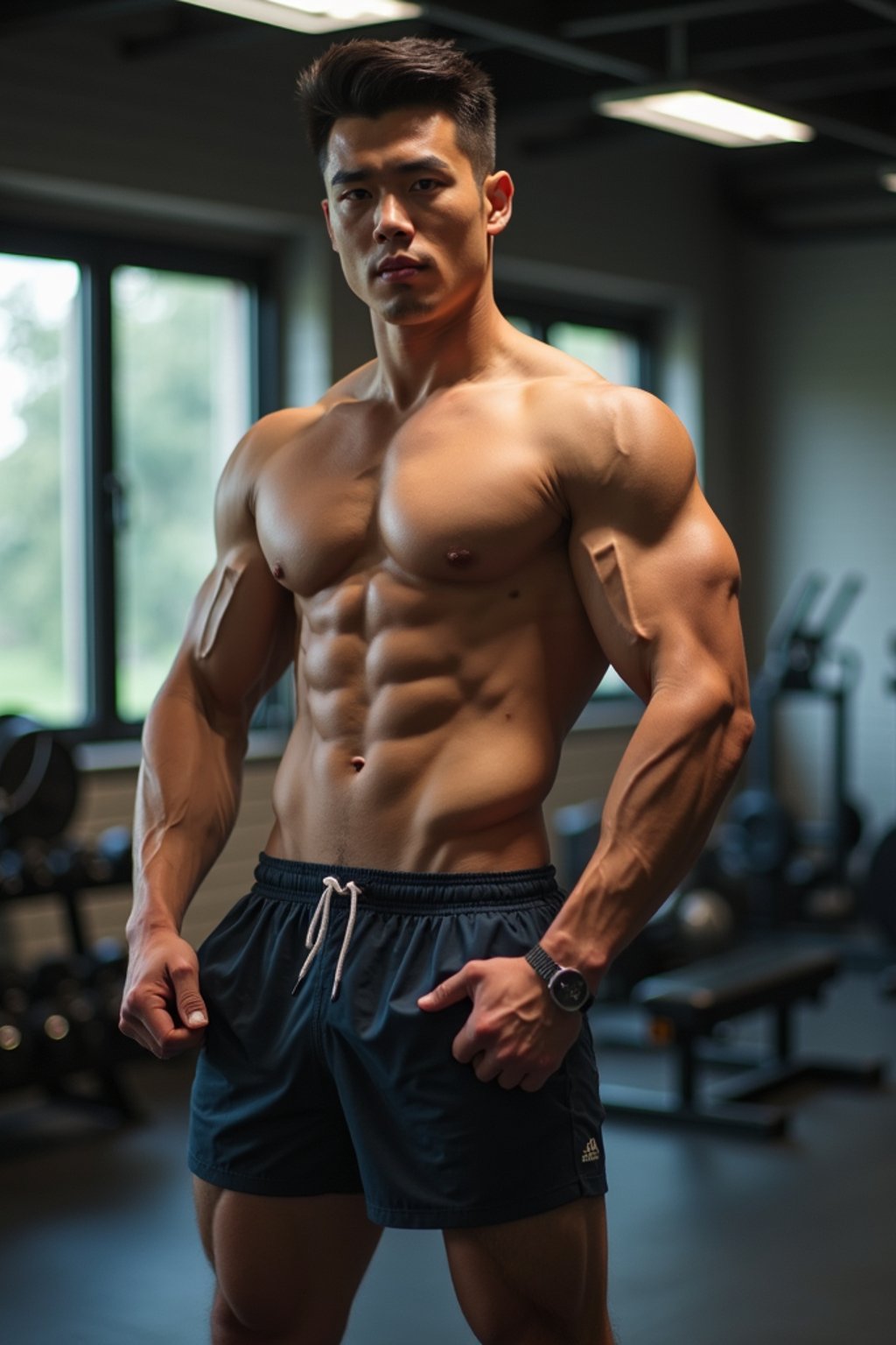 man in shorts and shirtless  in the fitness gym working out