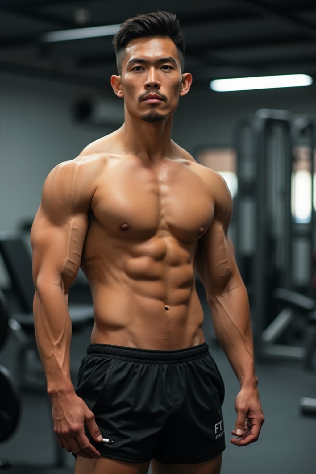 man in shorts and shirtless  in the fitness gym working out