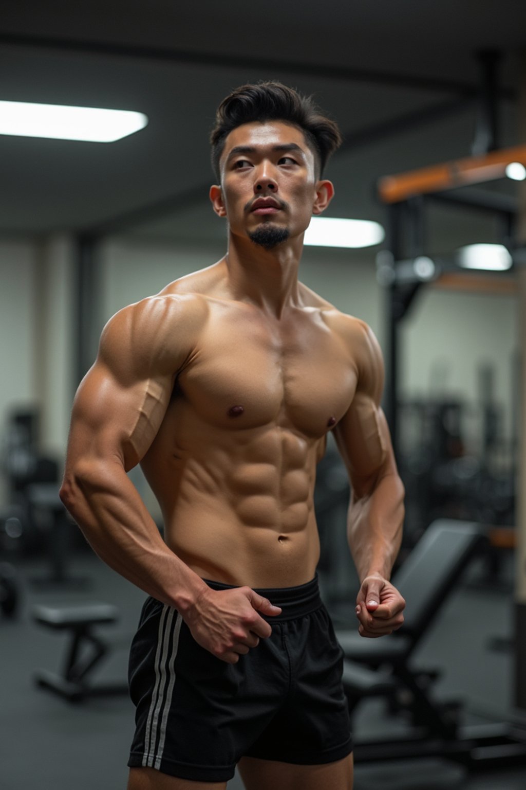 man in shorts and shirtless  in the fitness gym working out