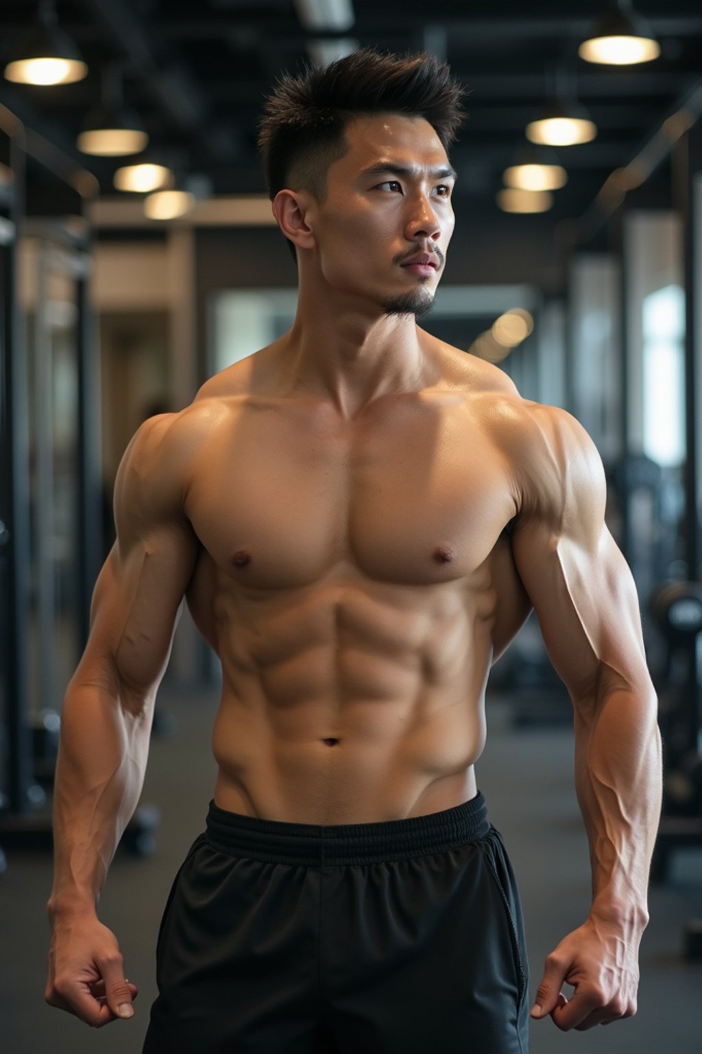 man in shorts and shirtless  in the fitness gym working out