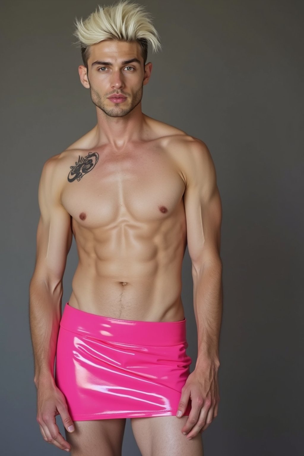 man as with platinum blonde hair and pink latex skirt