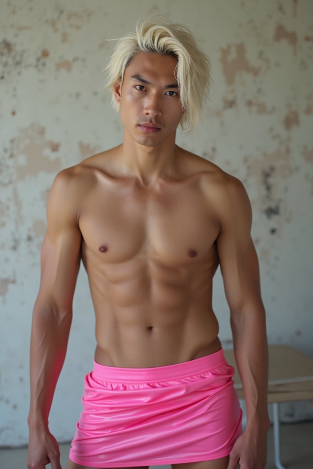 man as with platinum blonde hair and pink latex skirt