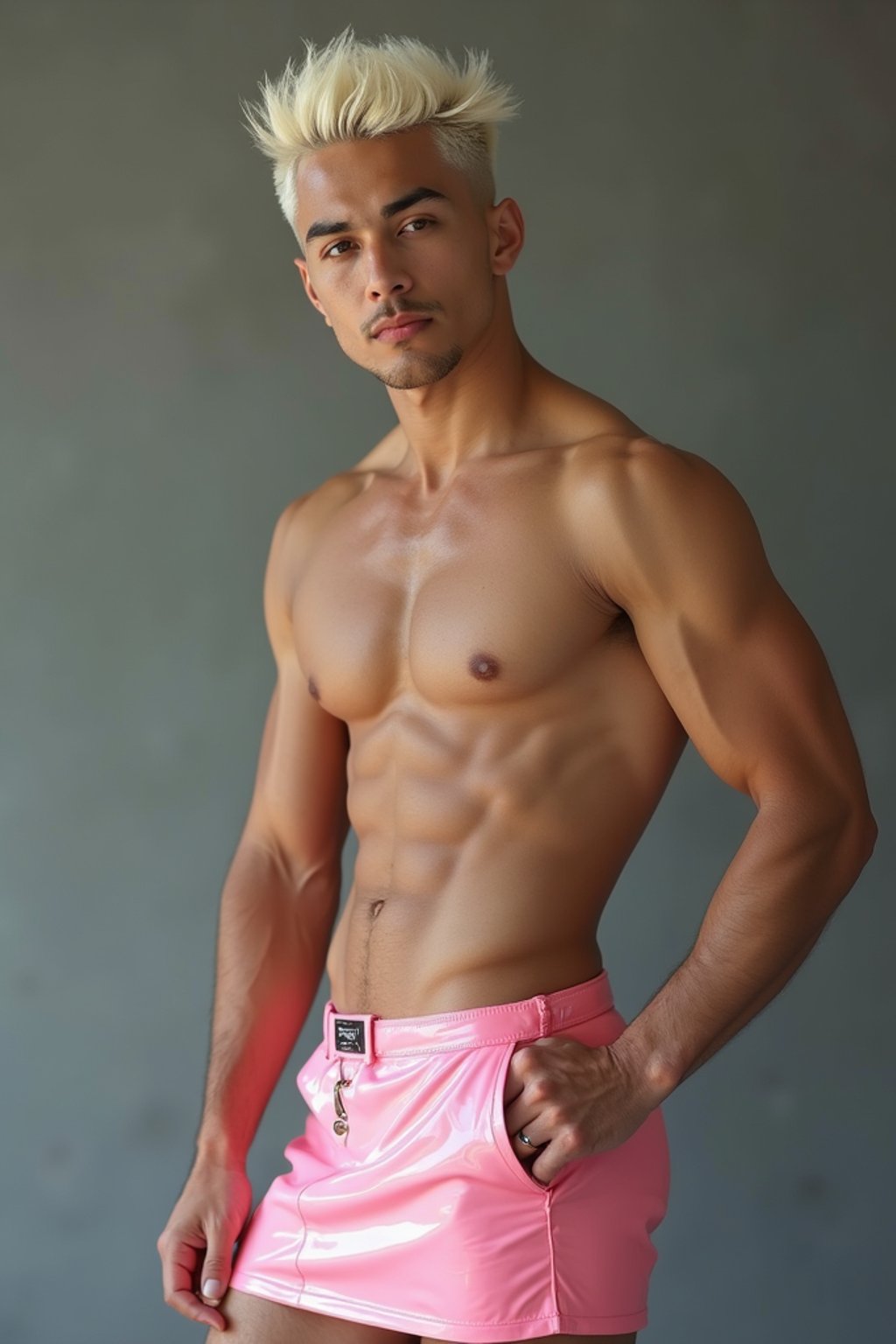 man as with platinum blonde hair and pink latex skirt