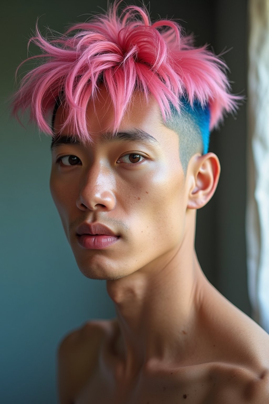 man as a progressive LGBTQ activist with pink or blue hair