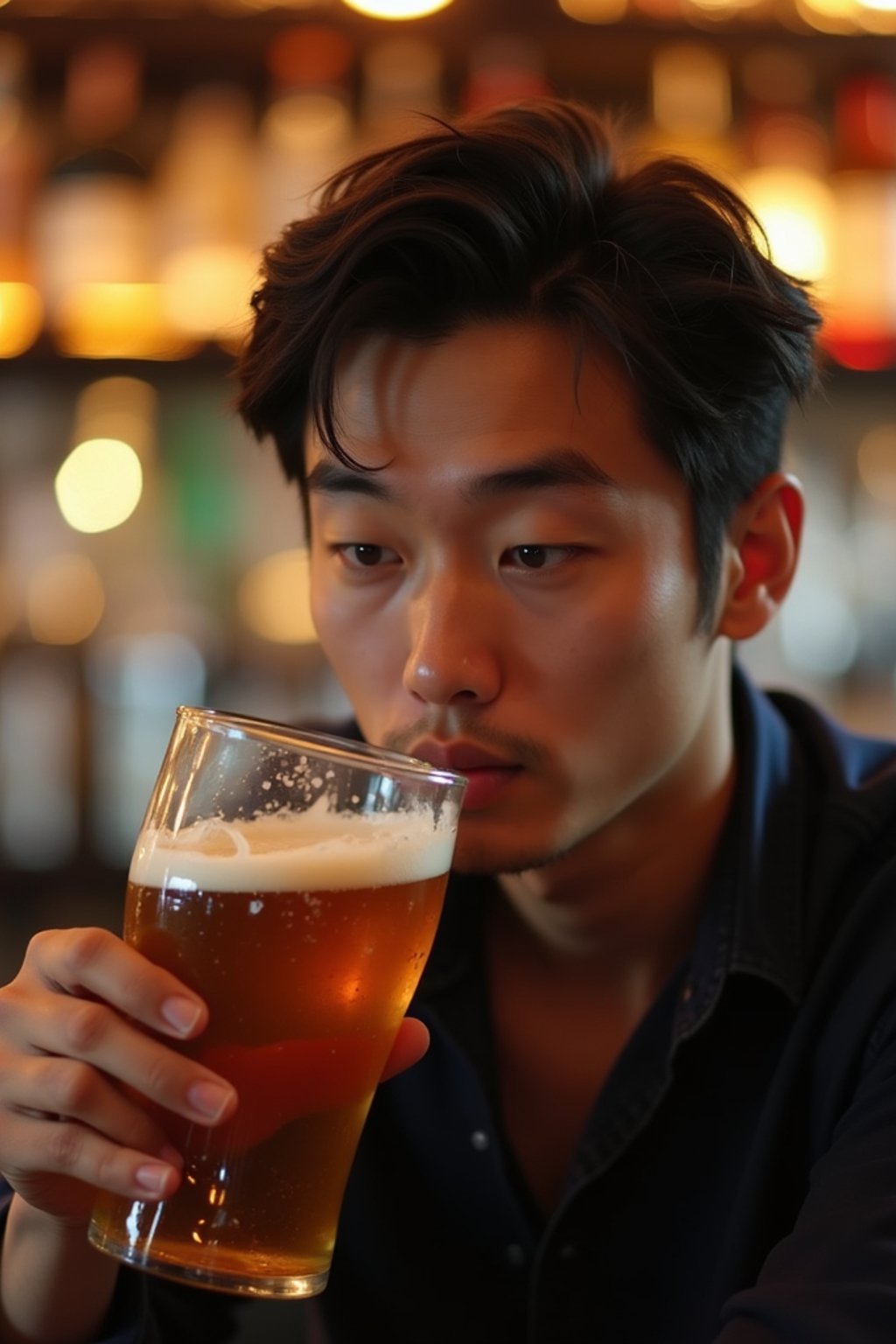 man in a busy bar drinking beer. holding an intact pint glass mug of beer