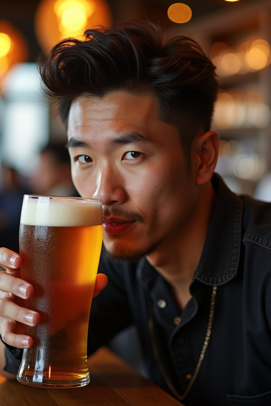 man in a busy bar drinking beer. holding an intact pint glass mug of beer