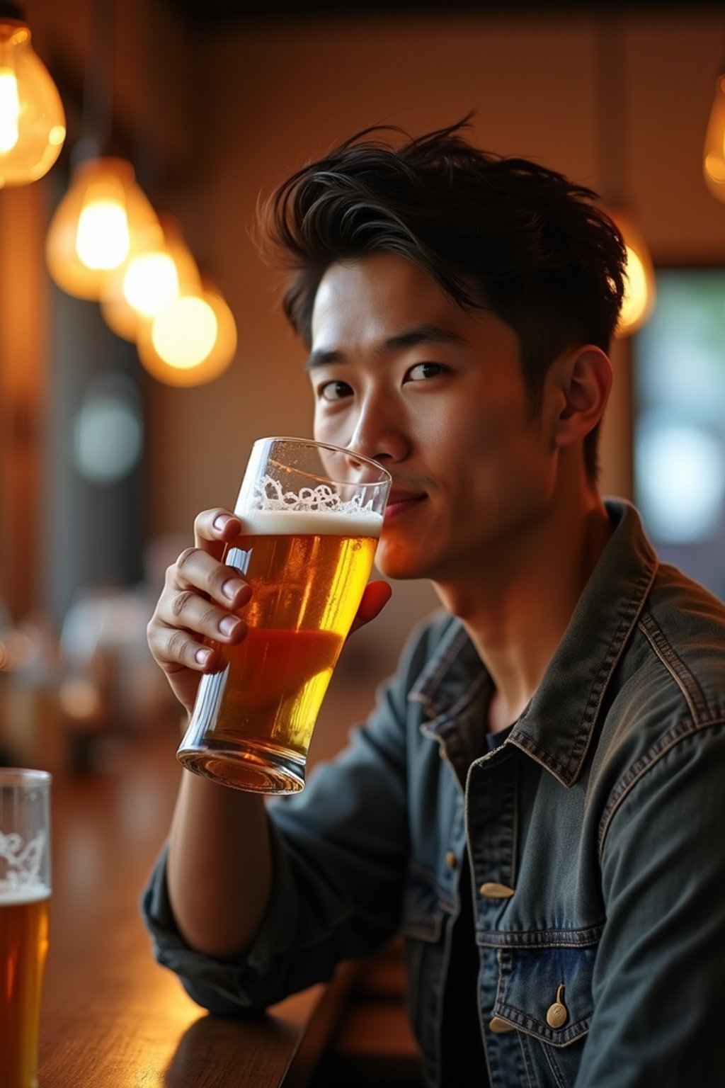 man in a busy bar drinking beer. holding an intact pint glass mug of beer