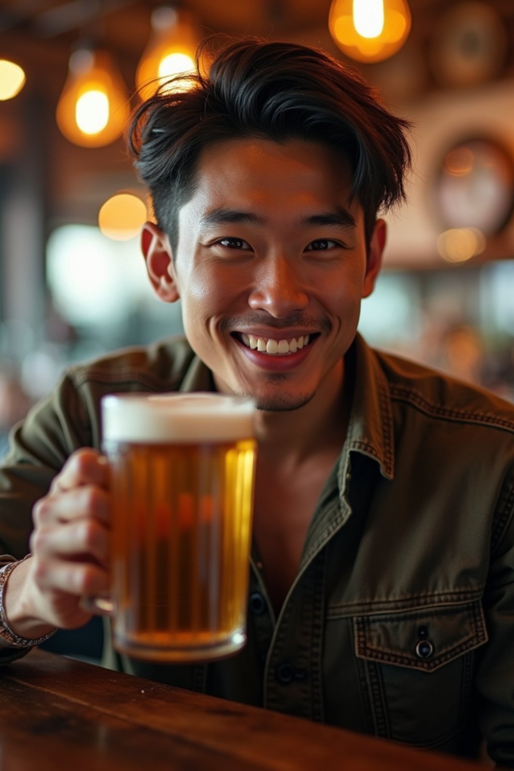 man in a busy bar drinking beer. holding an intact pint glass mug of beer