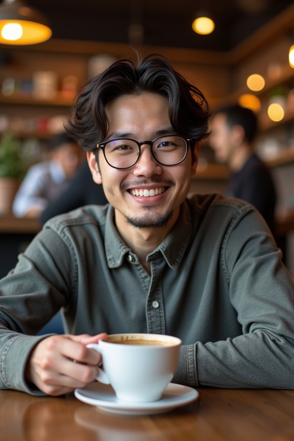 man in hipster coffee place with coffee cup on table