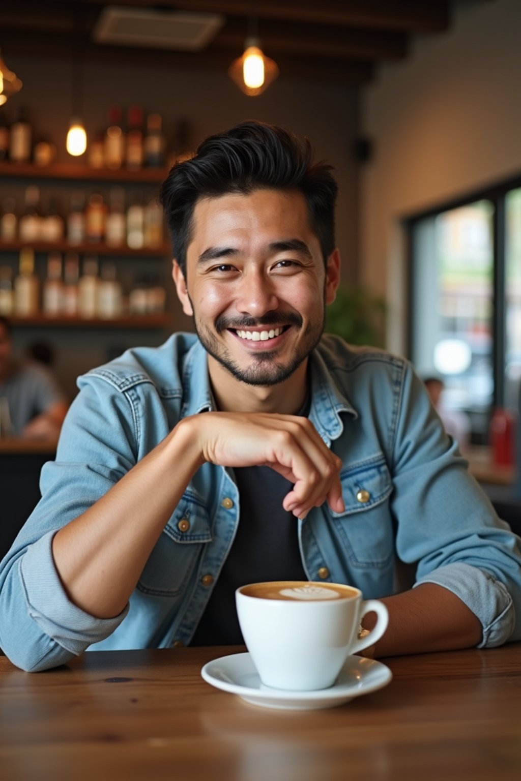 man in hipster coffee place with coffee cup on table