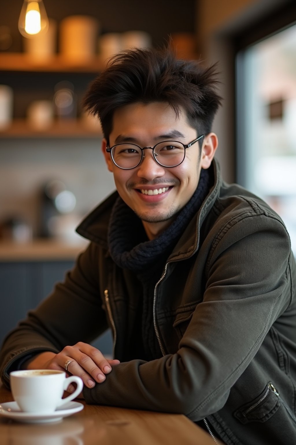 man in hipster coffee place with coffee cup on table